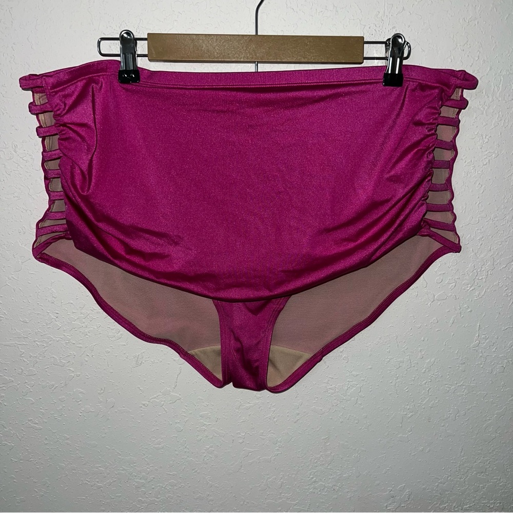 Swim by Cacique Pinkish Purple Side Cut Out High Waisted Gathered Bottoms 22